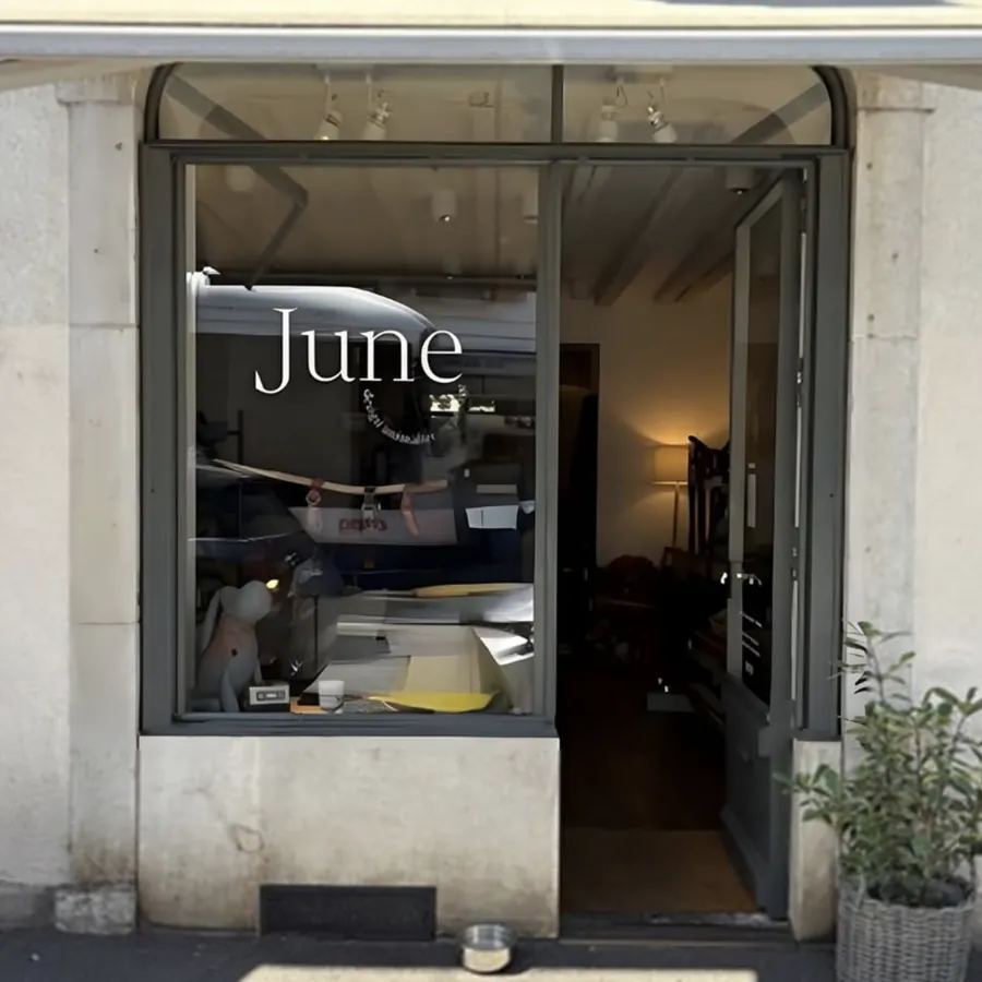 La devanture vitrée de June design animalier, rue Saint-Victor à Carouge, porte ouverte sur la boutique.